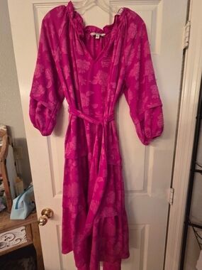 The Pioneer Woman Magenta Tiered V-Neck Maxi Dress with Belt
